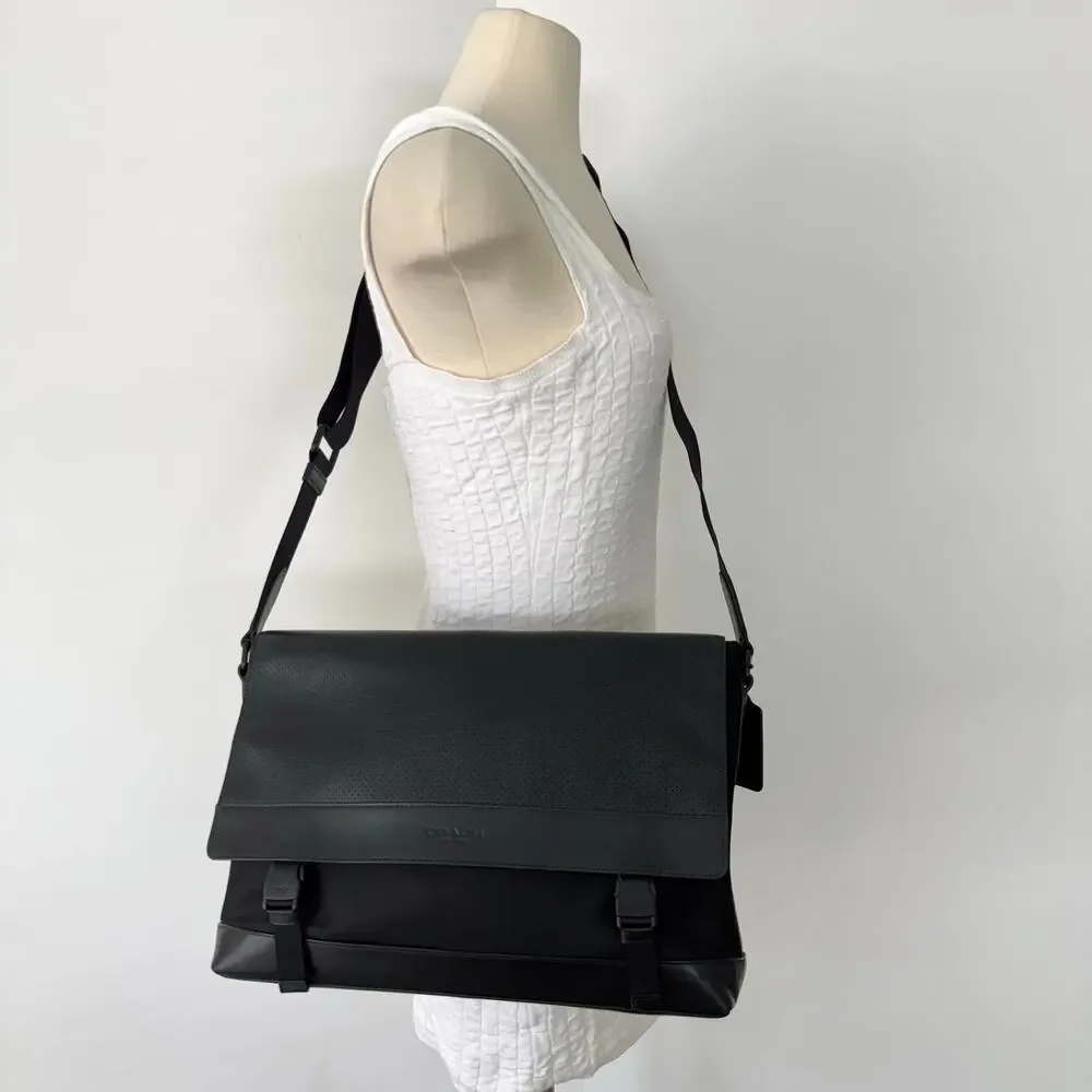 Coach Perforated Leather Nylon Sport Messenger Bag Black F71969